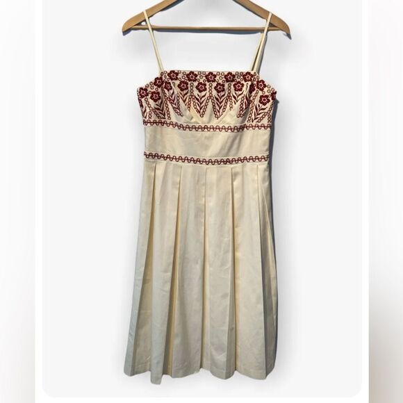 NWOT Ann Taylor Ivory Burgundy Red Embroidered Floral Box Pleat Sun Dress 2 - Picture 1 of 10